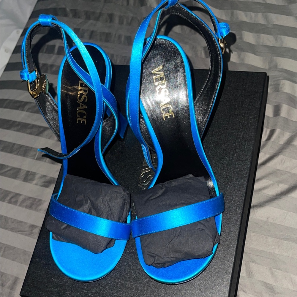 Versace Bright Blue Satin Strappy High-Heel Sandals